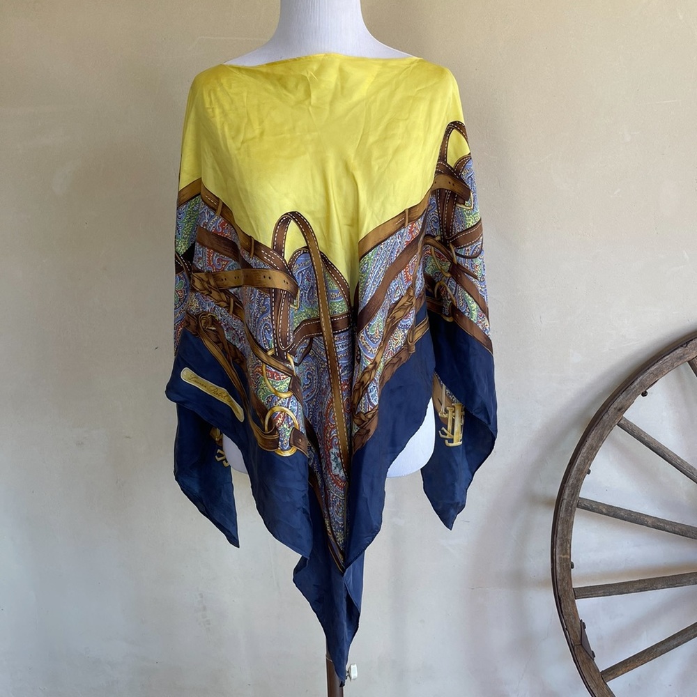 RALPH LAUREN Equestrian English Riding Theme Yellow Blue 100% Silk Poncho Scarf - Picture 11 of 11
